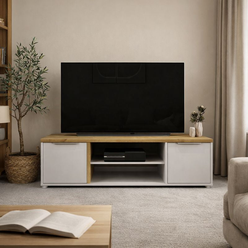 Móvel Tv de 2 Portas e 1 Nicho em Branco e Carvalho